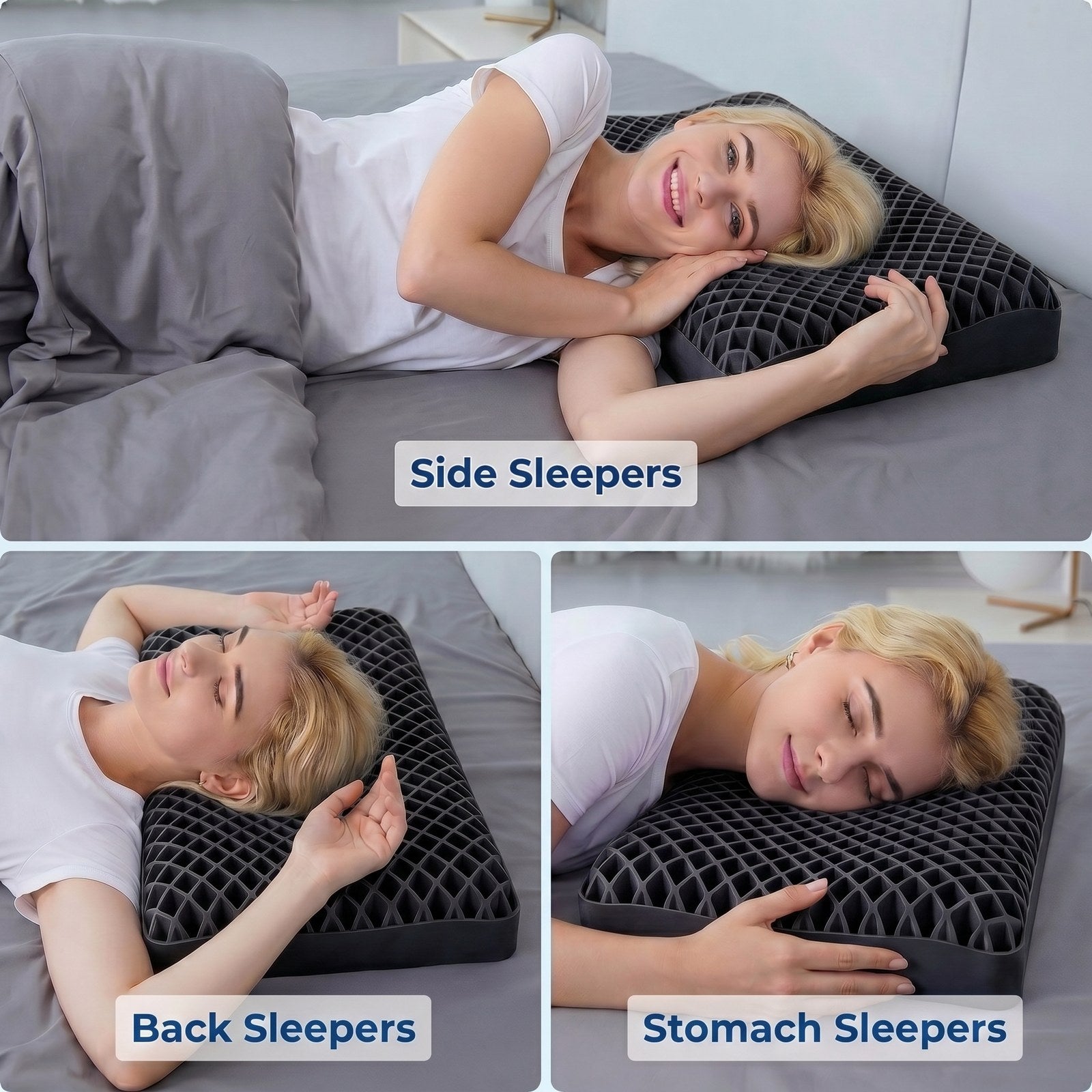 Side back and stomach sleepers with Boo Sleep pillow